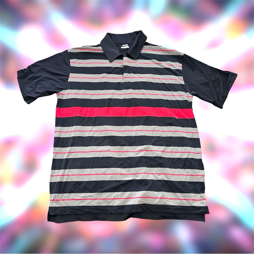 FILA Men's Bristol Engineered Striped Polo Shirt XL Tech-Dry Black Red Gray
